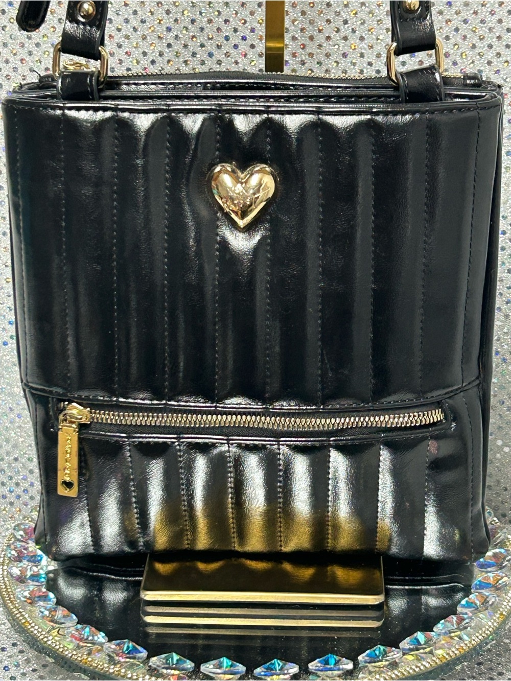 Betsey Johnson Black Quilted Heart Accent w/Gold Hardware Approx. 9 x 9.5